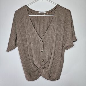 Emerette Brown Ribbed Twist Front Crop Top Sz L
